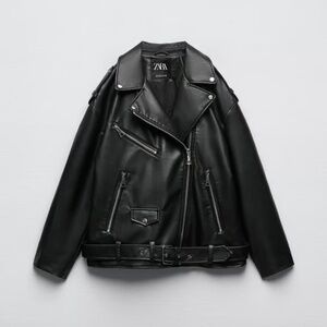 NWT. Zara Black Faux Leather Oversized Biker Jacket. Large